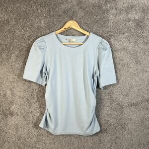 Madewell Womens XS Blue Side Cinched Puff Sleeve Scoop Neck Cotton Top